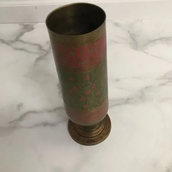Vintage Etched Enamel Brass Footed Urn/Vase Red and Green Floral - Picture 8 of 10